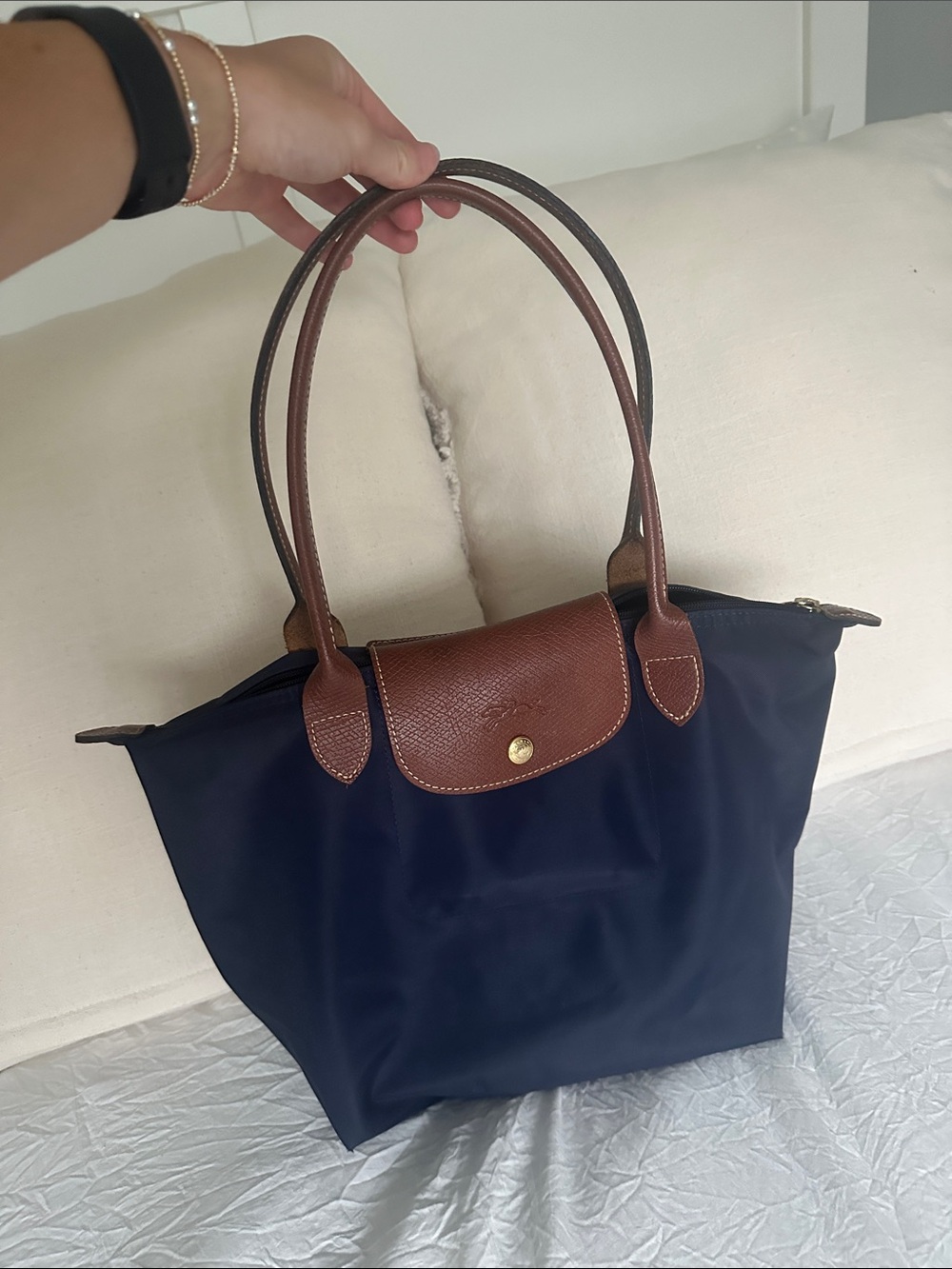 Longchamp Navy and Brown Le Pliage Tote size Medium